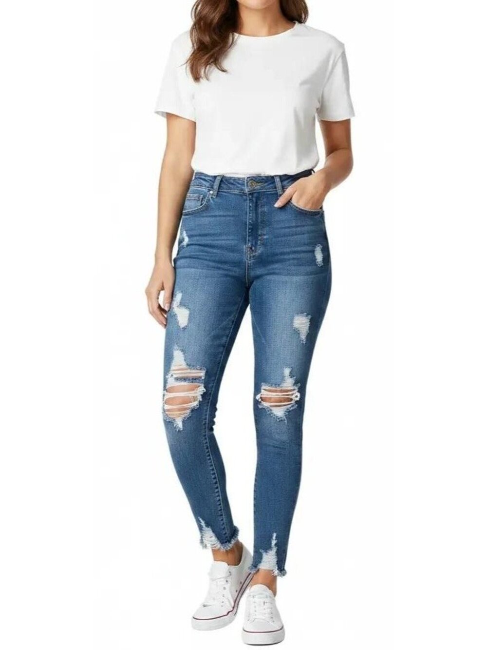 BOB Jeans High Waist Ripped Distressed Chewed Hem Skinny Blue Denim Jeans Sz 7/8